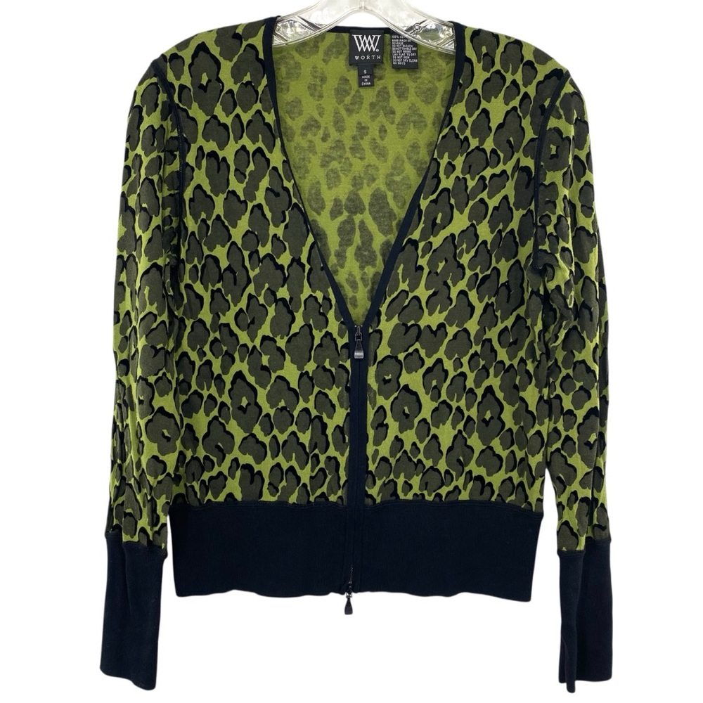 W by Worth Green Leopard Animal Print Lightweight Knit Cardigan Sweater